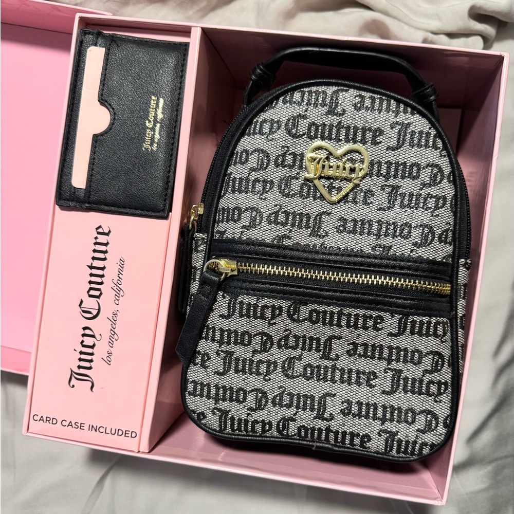 Juicy Couture Monogrammed Black and Beige/Grey Backpack with Wallet and Box